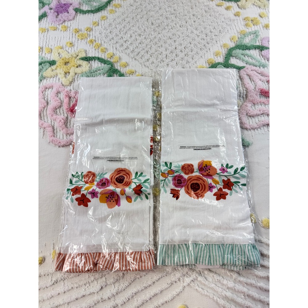 Twos Company Floral Tea Towels Set of 2 Cotton Ruffle Watering Can Pot White - Picture 3 of 9